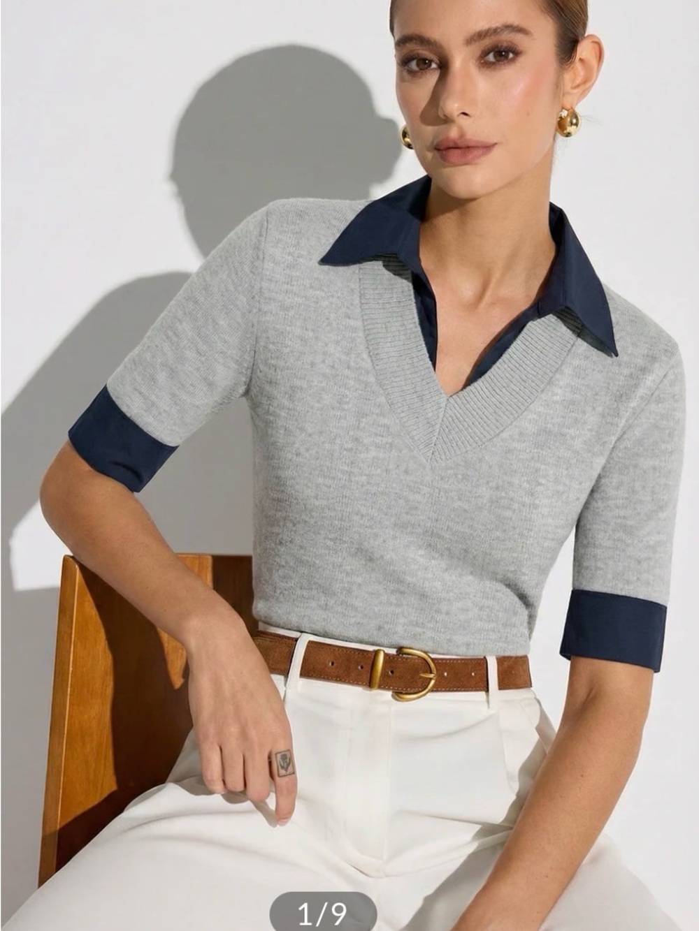 Commense Light Gray V-Neck Short Sleeve Sweater with Navy Trim
